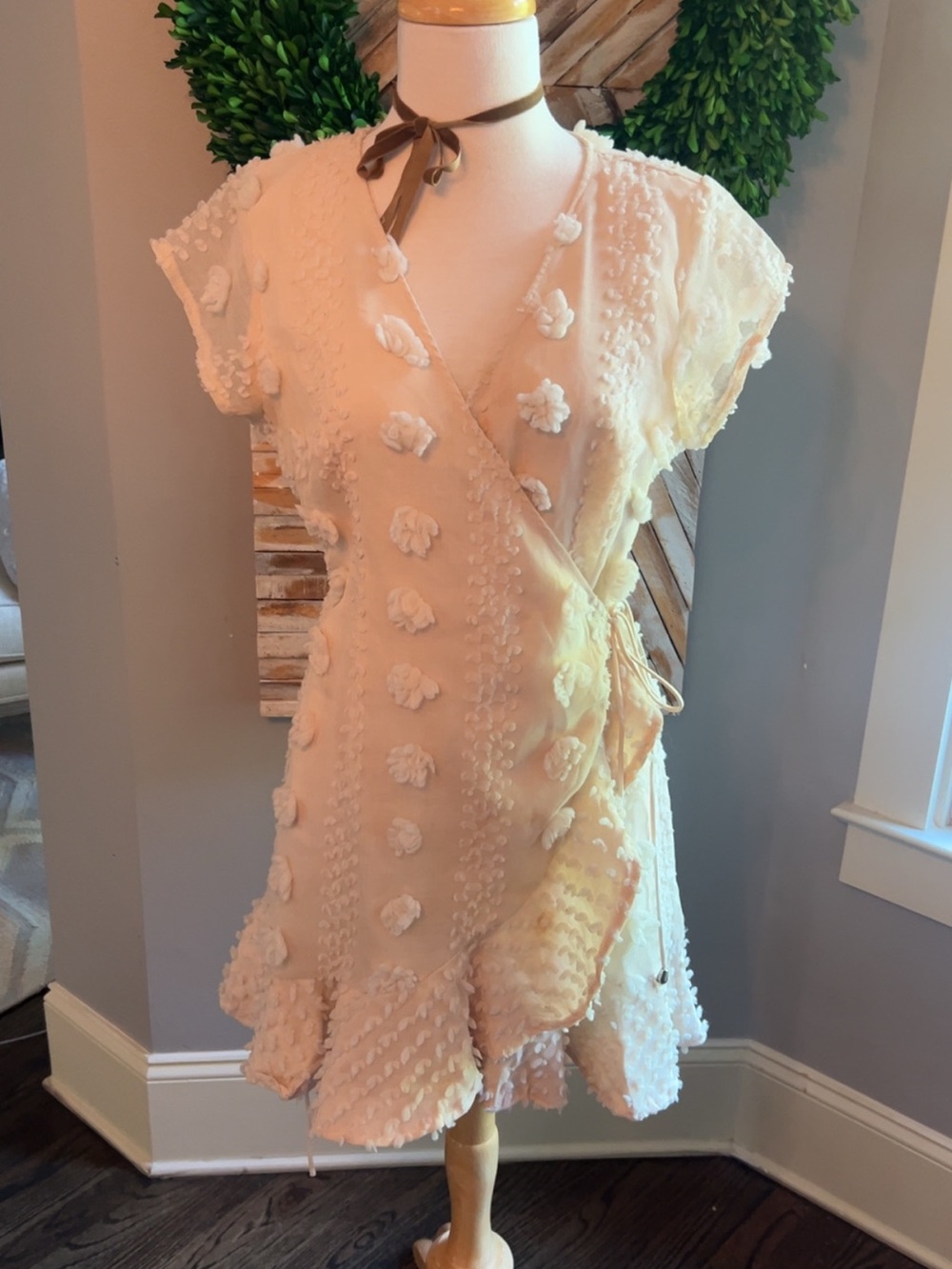 Ivory Mini Wrap Dress with Pom-Pom Texture